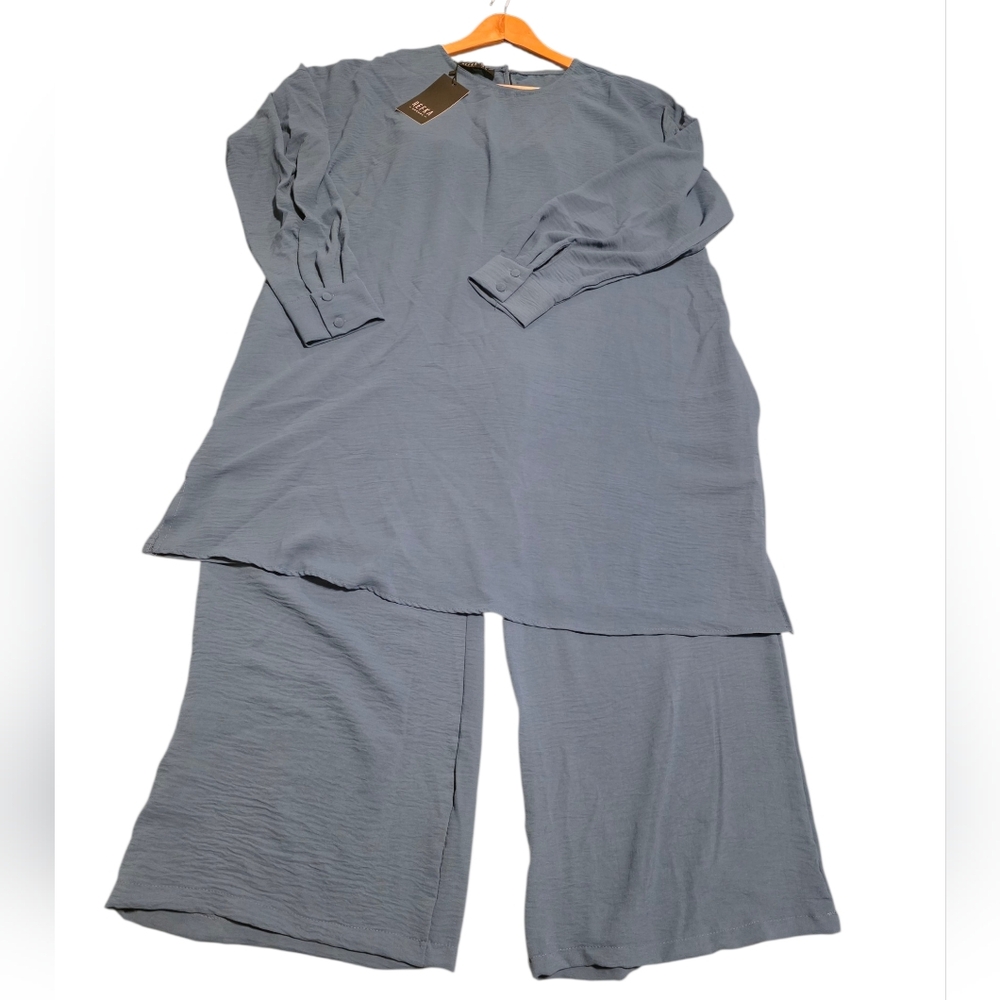 Refka Casual Creped 2 Piece Set Tunic Top & Wide Leg Pants Koyu Indigo Sz 14 NWT